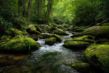 Obraz premium Forest stream with moss covered rocks