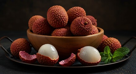 Moody Still Life of Fresh Lychees in Wooden Bowl with Dark Dramatic Lighting