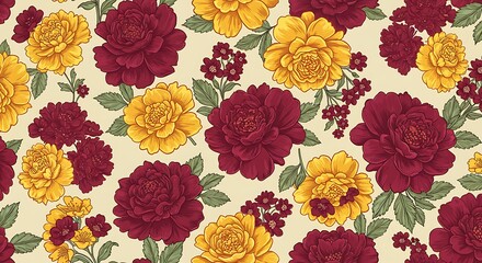 Floral pattern with red and yellow blossoms on a neutral cream background