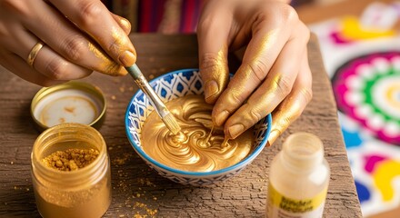 An artist mixing metallic gold pigment for paints used in rangoli or for decorations.