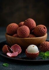 Moody Still Life of Fresh Lychees in Wooden Bowl with Dark Dramatic Lighting