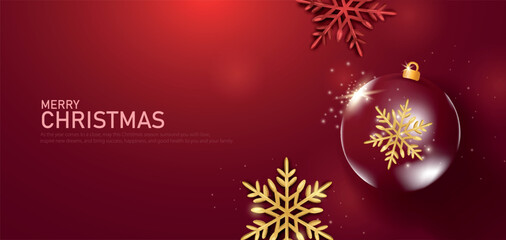 Merry Christmas and Happy New Year banner. Realistic 3d design Elegant Christmas glass ornaments isolated with snowflake, golden confetti on dark red background. Vector illustration