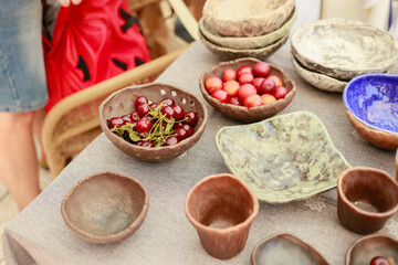 Handmade ceramic tableware displayed