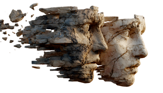 Conceptual image of two stone faces, one disintegrating, symbolizing human fragility, mental health, and identity crisis.