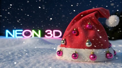 Red Santa hat in snow with glowing neon 3D holiday text

