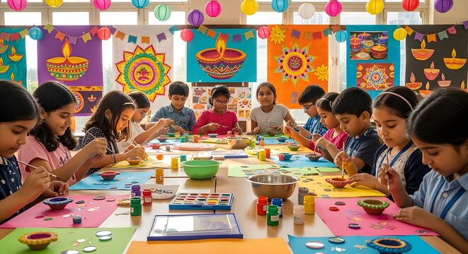 Children in school performing a?oeDiya decoration workshopa??, painting clay lamps, smiling, colourful backdrop.