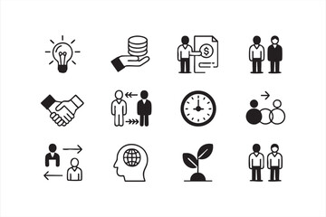 Collaboration and success icons set with leadership, idea, and growth symbols outline vector illustration