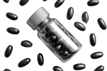 White bottle with black therapeutic capsules, vitamin pills or drugs for treatment, isolated on transparent background, medicine and healthcare concept, top view