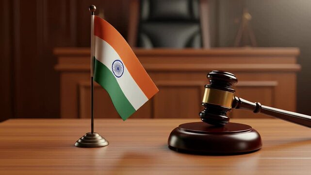 Wooden Table with India Flag Gavel and Legal Concepts Depiction in Bright Light