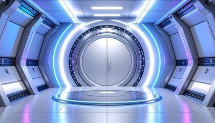 Futuristic, spacious hallway with a large circular door