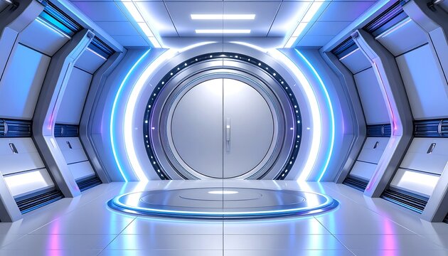 Futuristic, spacious hallway with a large circular door