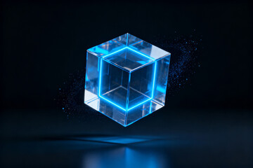 Transparent glowing cube with blue neon edges floating in dark space