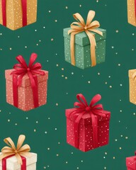 Colorful Gift Boxes with Ribbons on a Green Background, Featuring Various Designs and Decorations for a Festive Celebration