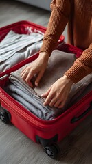 Woman packing clothes into a red suitcase for travel
