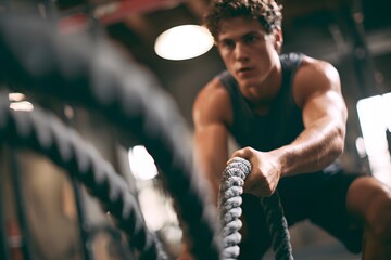 Young man performing intense battle ropes workout