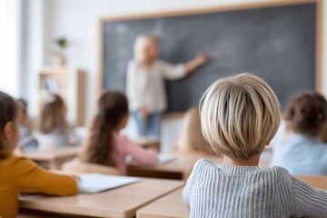 Children learning in classroom, teacher writing on blackboard