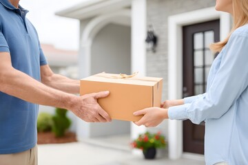 Delivery man handing cardboard box to woman at her home