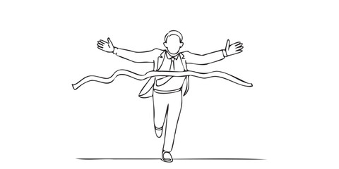 Single continuous line drawing of a businessman crossing the finish line with open arms, symbolizing success, victory, and achievement, determination, and winning concept.