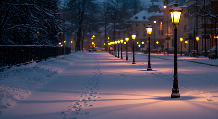 Snowy Winter Night Street with Glowing Lampposts