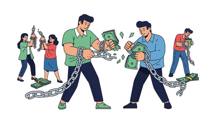 flat vector illustration of people breaking chains and tearing money bribes, symbolizing justice and honesty, International Anti-Corruption Day theme, bold and clean design, isolated on white backgrou