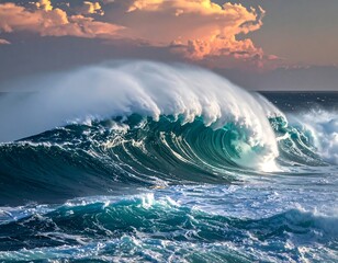 Powerful ocean waves at sunset