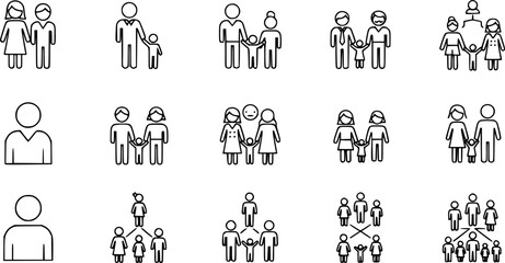 Family structures icon set: minimalist line art of generations and connections
