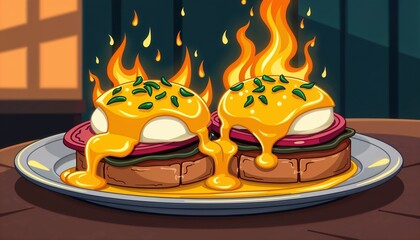 Flaming breakfast eggs Benedict with melted cheese on toasted bread