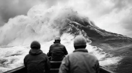 Fishermen on Boat Observing Massive Incoming Wave in Dramatic Ocean Scene