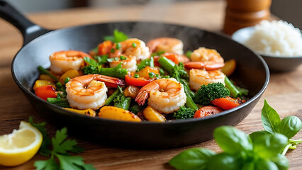 Stir fried vegetables chicken and shrimp with vegetables