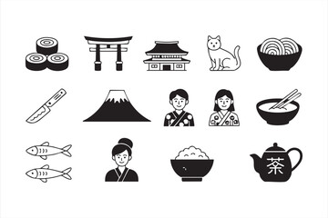 Japan travel icons pack featuring Mount Fuji, temple, torii gate, geisha, and traditional food outline vector