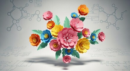 Colorful paper flowers with science diagrams isolated on white background