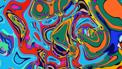 Funky liquid shapes pattern - colorful abstract organic forms on blue background. Retro groovy blobs, flowing curves, psychedelic design elements. Lava lamp style ornament, 70s aesthetic decorations.