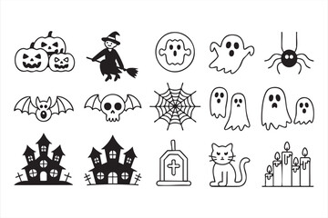 Creepy Halloween elements pack with pumpkin, ghost, spider, candle, and witch outline illustration for party graphics