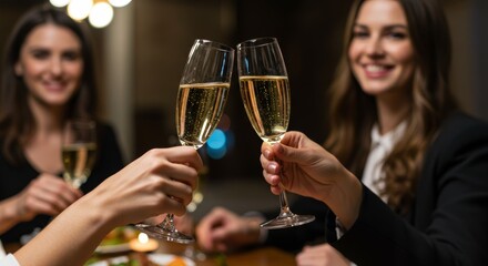 Celebration with friends toasting with champagne glasses at elegant dinner