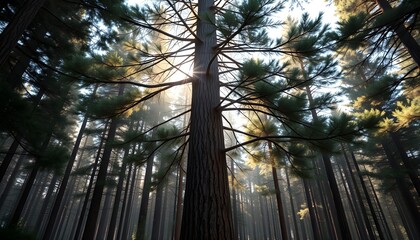 A low angle view of a towering tree in a dense forest with golden sunlight filtering through the canopy.