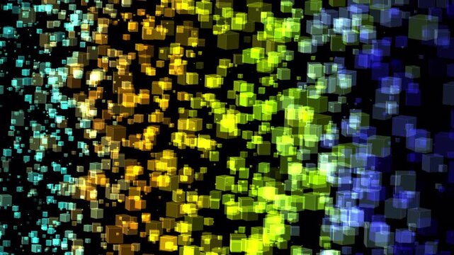 Large pixelated posterised black transparent background with colorful translucent cubes floating, suitable for abstract backgrounds or modern digital design projects.