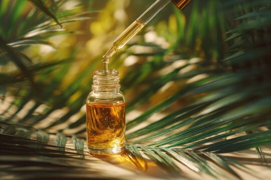 closeup of dropper and bottle with golden batana oil on beige background tropical leaf shadows glowing detail concept of organic beauty care spa cosmetic product marketing