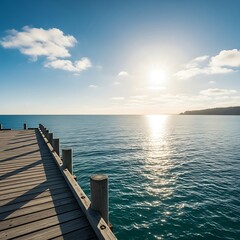 Obraz premium Peaceful seascape with a wooden pier leading into the tranquil ocean