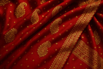 Indian wedding sari textile folds, golden embroidery details