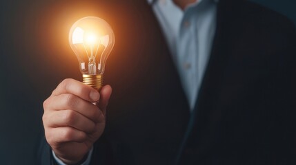 Businessman in Modern Office Holding Glowing Light Bulb as Symbol of Idea and Innovation for Corporate Success