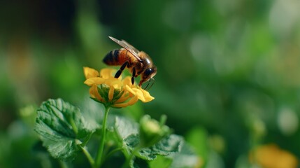 Close-up of A Bee Pollinating A Bright Yellow Flower in A Lush Garden Setting During Daylight
