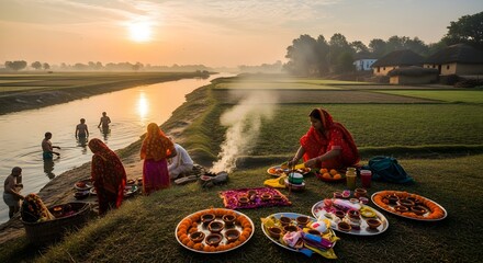 Diwali morning: sun rising over fields, people bathing in river, preparing for puja, rural setting.