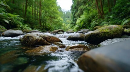 Obraz premium Serene River Flowing Through Lush Green Forest Surrounded by Smooth Stones and Natural Beauty