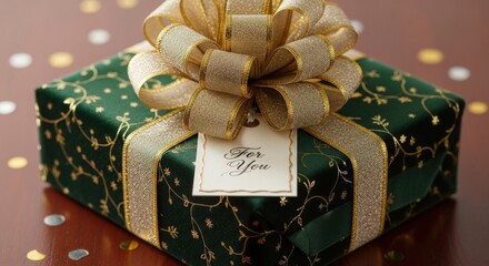 Elegant Green and Gold Gift Box with Bow and Tag