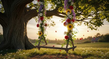 Floral Swing in Golden Sunlight: Serene Meadow Dream