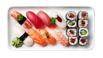 Assortment of fresh sushi and maki rolls on a white plate isolated on transparent background