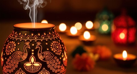 Diwali Celebration: Festive Clay Pot with Candles and Smoke