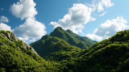 Naklejka premium Scenic Mountain View with Lush Greenery Under a Bright Blue Sky and Fluffy White Clouds