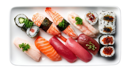 Assortment of fresh sushi and sashimi on a white plate isolated on transparent background