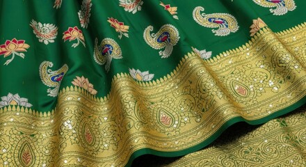 Traditional Green and Gold Silk Fabric with Floral and Paisley Motifs